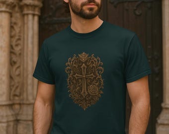 Gothic Cross T-Shirt – Vintage Ornate Medieval Cross Tee for Men & Women – Dark Aesthetic Christian Shirt