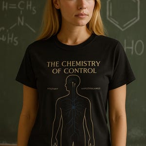Può includere: T-shirt nera con la scritta "THE CHEMISTRY OF CONTROL" e un diagramma del sistema nervoso umano. La maglietta riporta anche le parole "PITUITARY" e "HYPOTHALAMUS". Lo sfondo è una lavagna con formule scientifiche.