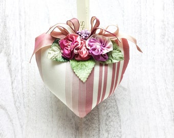 Silk Stripes heart sachet, Handmade Silk Flower Sachet, Handmade Ribbon Flower Sachet