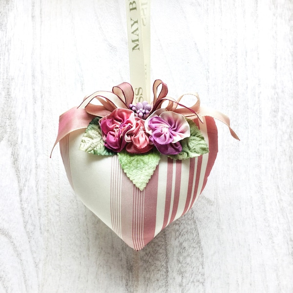 Silk Stripes heart sachet, Handmade Silk Flower Sachet, Handmade Ribbon Flower Sachet