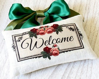 Linen Sachet- Welcome, Lavender Hanging Sachet, Handmade Sachet