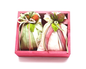 Two silk Lavender sachet with beaded berry in wooden box