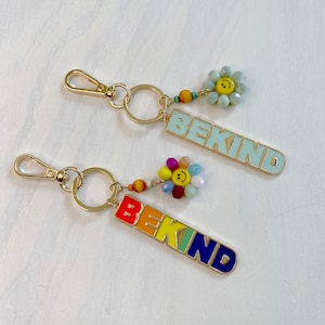 Enamel &quot;BE KIND&quot; Keychain with Bead Flower, Motivational Keychain