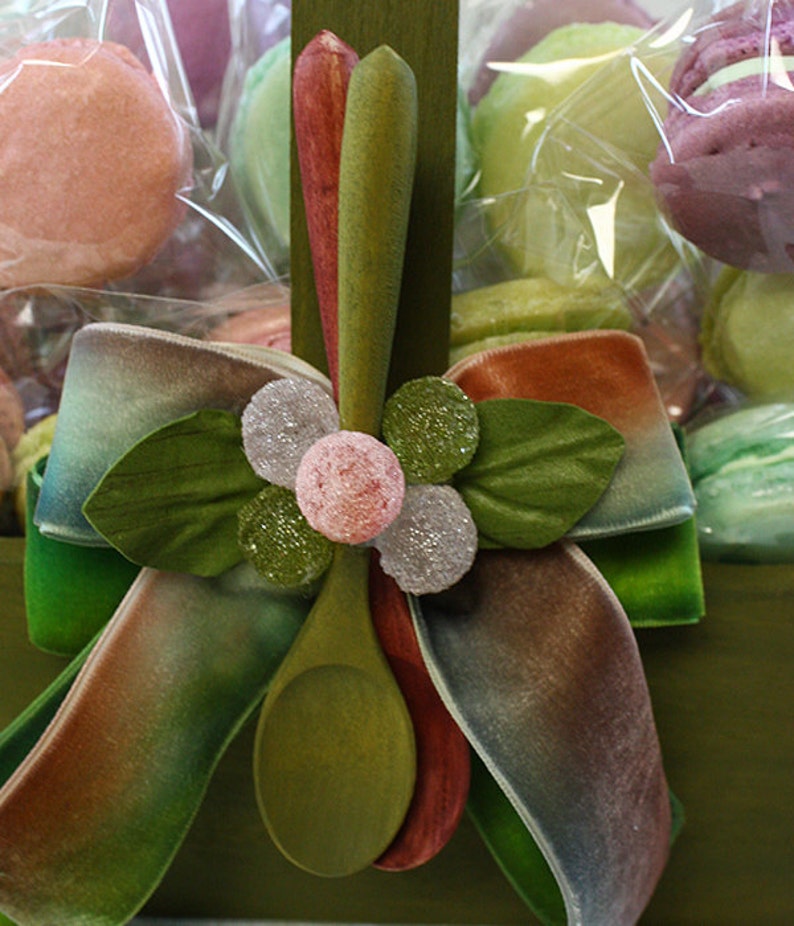 decorated wooden basket, with Hand Dyed Velvet Ribbons, Wooden Spoon, and Linen Liner image 4