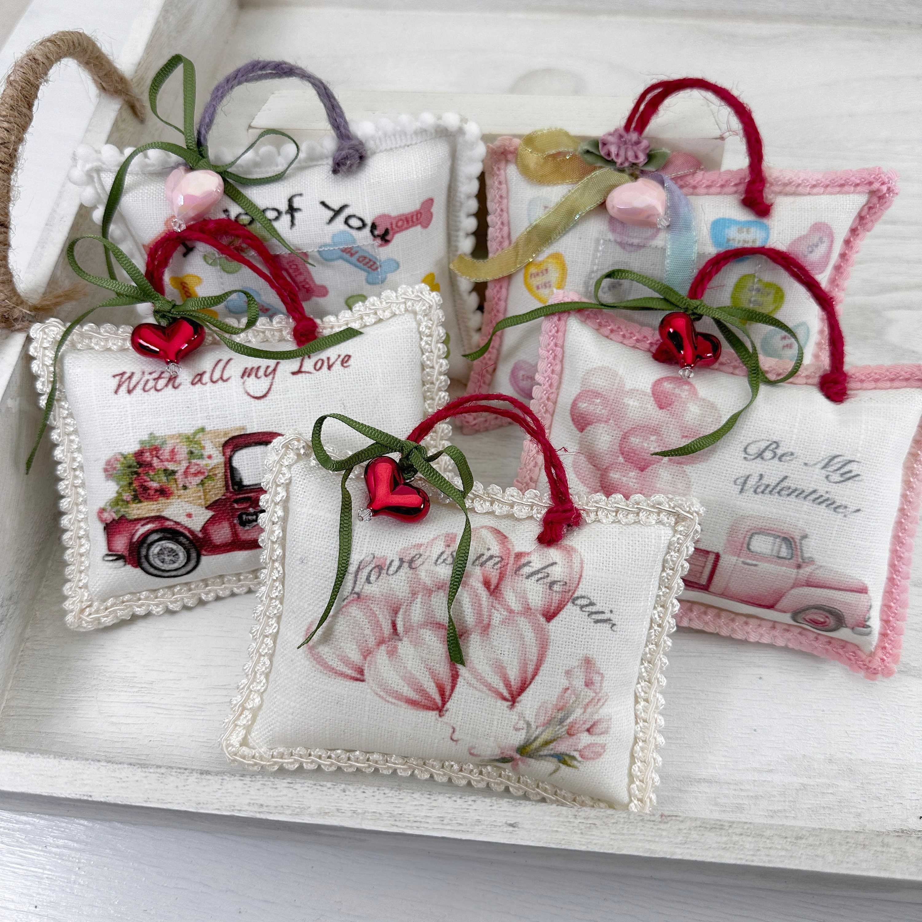 Handmade Valentine Sachet: Heart Charm, Photo Pocket, Rose/Coconut Scent, Hanging Sachet