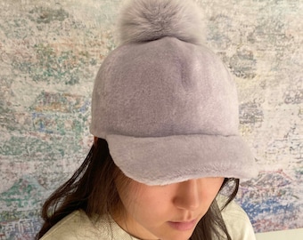 Real Shearling Wool Hat with  Fox Pompom