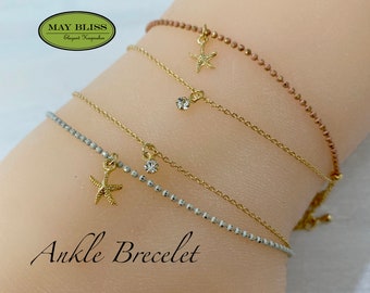 Beaded Ankle Bracelet,Anklets,Summer Ankle Bracelet, Handmade Anklet with Starfish Charm and Rhinestone.