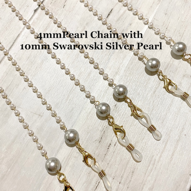 May include: Four white pearl chains with gold clasps and a silver pearl at the end of each chain. The chains are 4mm pearl and the silver pearls are 10mm. The text "4mm Pearl Chain with 10mm Swarovski Silver Pearl" is written on the image.