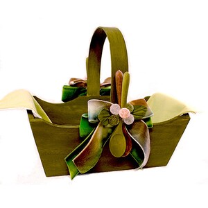 decorated wooden basket, with Hand Dyed Velvet Ribbons, Wooden Spoon, and Linen Liner image 2