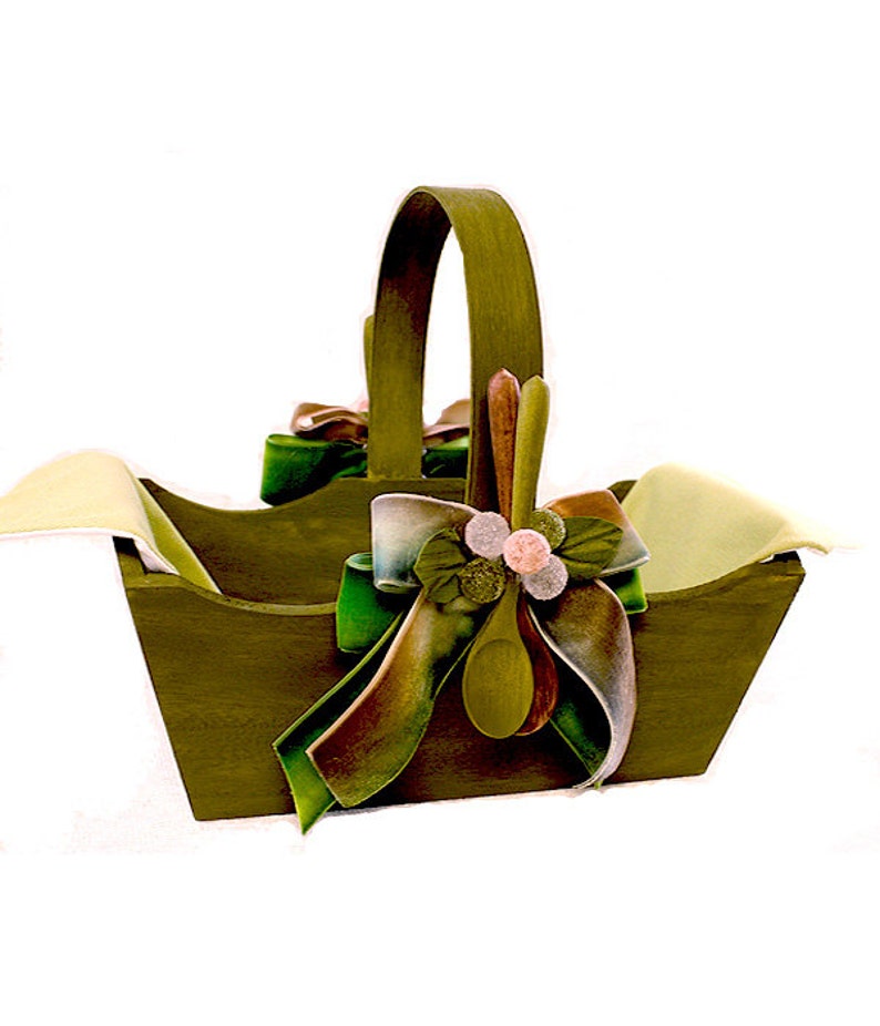 decorated wooden basket, with Hand Dyed Velvet Ribbons, Wooden Spoon, and Linen Liner image 2