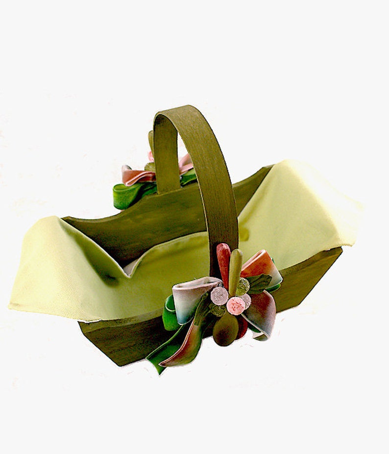 decorated wooden basket, with Hand Dyed Velvet Ribbons, Wooden Spoon, and Linen Liner image 3