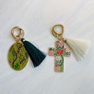 Enamel Floral Cross Keychain with Tassel, Enamel floral Oval Keychain with tassel