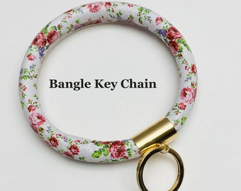 Bangle Key Ring, Bracelet Key Chain, Wristlet Key Chain, Floral Print Faux Leather Key chain