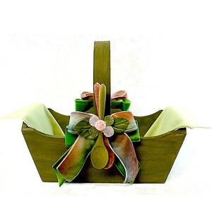decorated wooden basket, with Hand Dyed Velvet Ribbons, Wooden Spoon, and Linen Liner image 1