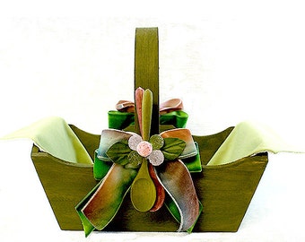 decorated wooden basket, with Hand Dyed Velvet Ribbons, Wooden Spoon, and Linen Liner