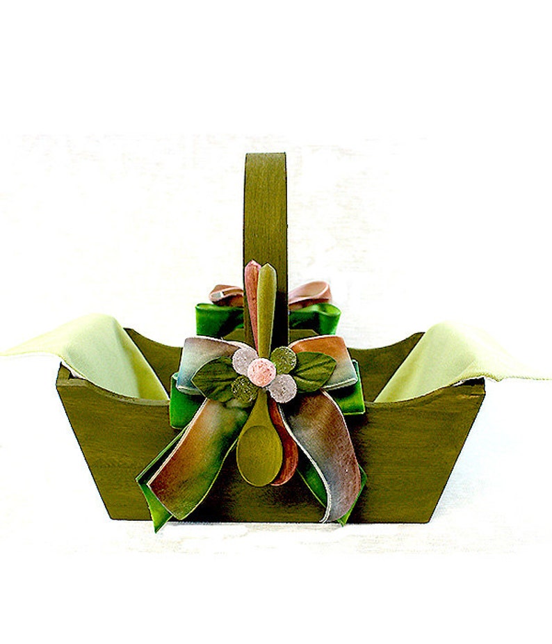 decorated wooden basket, with Hand Dyed Velvet Ribbons, Wooden Spoon, and Linen Liner image 1