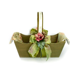 Large Wooden Basket Decorated With Flowers and Linen, Decorated Wooden Basket