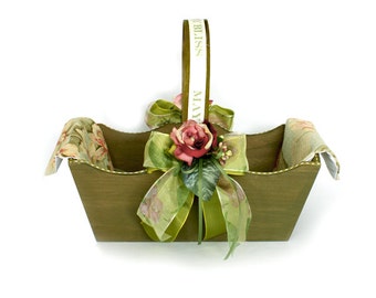 Large Wooden Basket Decorated With Flowers and Linen, Decorated Wooden Basket