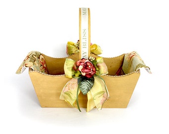 Large Wooden Basket Decorated with Flowers and Linen