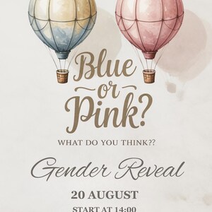 Convite para Revelação do Sexo do Bebê Azul ou Rosa – Tema Balão de Ar Quente | Modelo Editável do Canva | Download Digital