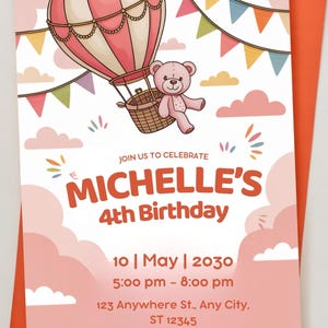 Birthday Invitation – Hot Air Balloon & Teddy Bear Theme