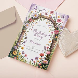 Faire-part d'anniversaire jardin fantaisiste - Arche florale et papillons (fichier numérique)