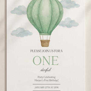 Convite de primeiro aniversário de balão de ar quente – Design em aquarela "One-derful" (arquivo digital)