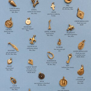 May include: A chart with gold charms and their associated meanings. The charms are arranged in rows and columns on a light blue background. The text on the chart includes the name of each charm, its meaning, and the abbreviations for the different roles in a wedding party.