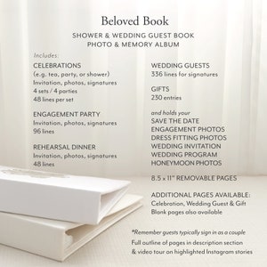 Pode incluir: Livro de visitas de casamento branco com o texto "Beloved Book" e detalhes sobre o conte&uacute;do, incluindo espa&ccedil;o para assinaturas, fotos e lembran&ccedil;as. O livro tem p&aacute;ginas remov&iacute;veis de 21,6 x 27,9 cm e &eacute; projetado para casamentos e celebra&ccedil;&otilde;es.