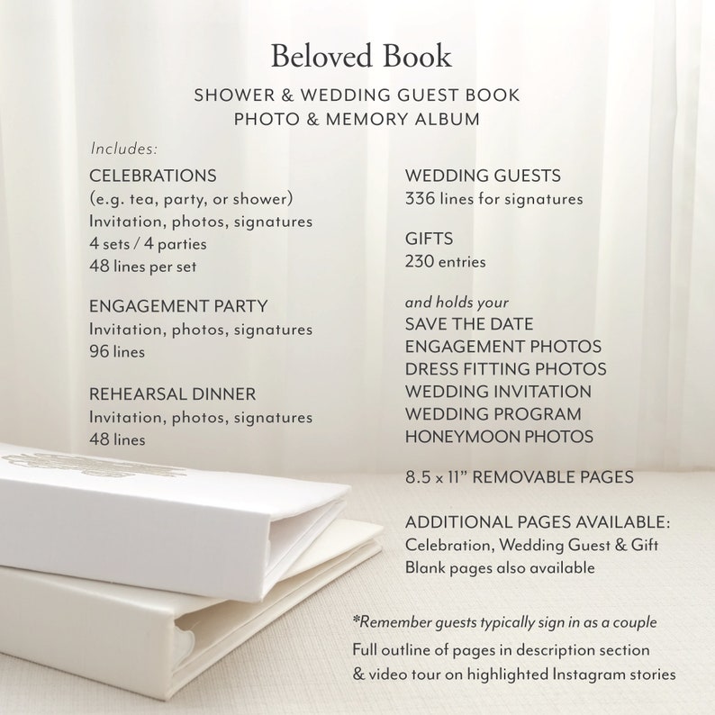 Pode incluir: Livro de visitas de casamento branco com o texto "Beloved Book" e detalhes sobre o conte&uacute;do, incluindo espa&ccedil;o para assinaturas, fotos e lembran&ccedil;as. O livro tem p&aacute;ginas remov&iacute;veis de 21,6 x 27,9 cm e &eacute; projetado para casamentos e celebra&ccedil;&otilde;es.