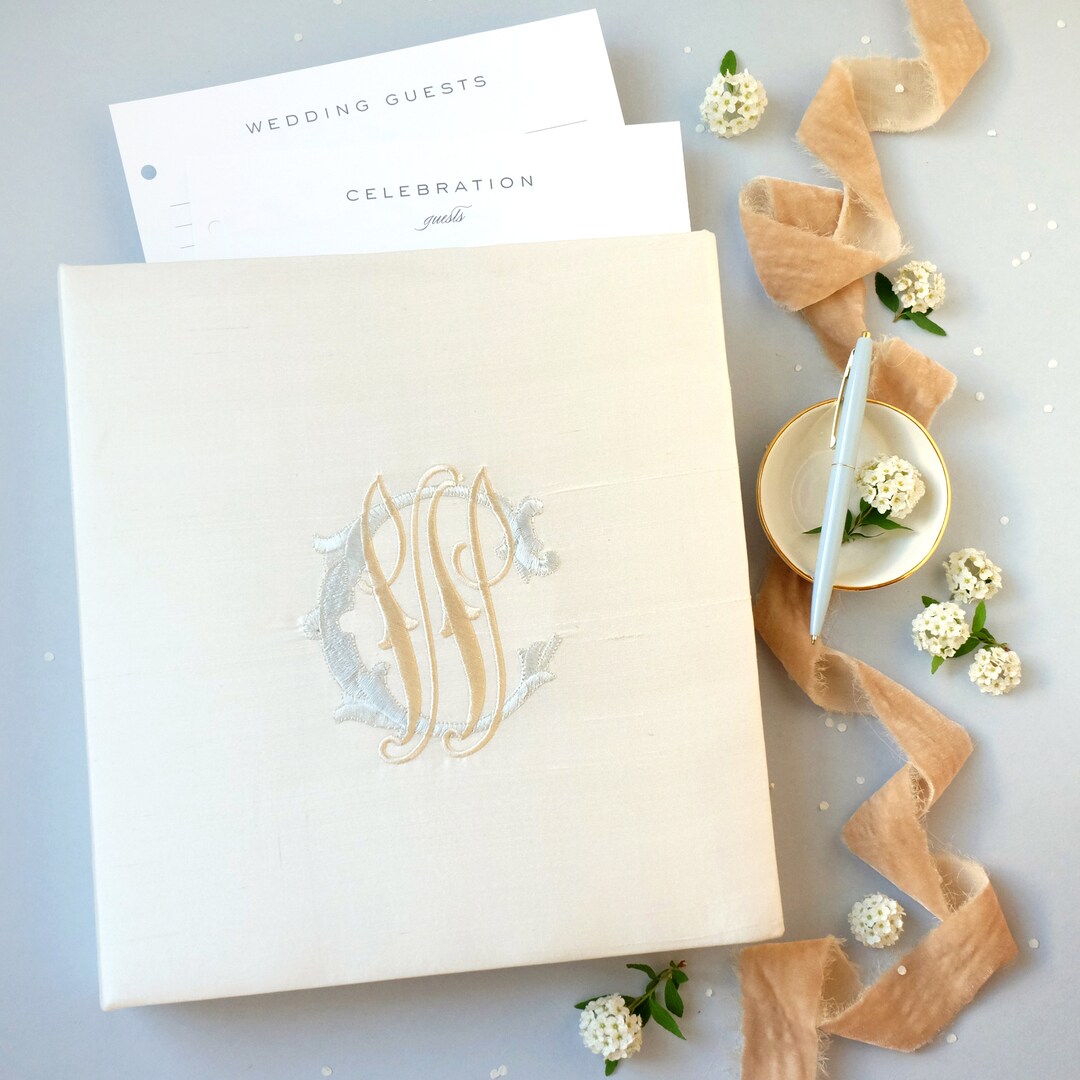 Wedding Guest Book Vintage Monogram Guestbook Embroidered Memory Book Elegant Scrapbook Wedding Dusty Blue Gold Gift Bride | Style Charlotte - Silk Dupioni - Ivory, None - Book only