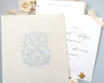 French Blue Monogram Wedding Guest Book - Gold GuestBook - Engagement Gift - Memory Book - Wedding Book - Album Shuler Studio - Vintage Vine