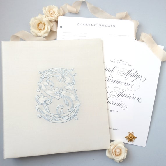 GuestBook Wedding French Blue Silk Linen Embroidery Album Bride Scrapbook Engagement Party Keepsake Guest Book Heirloom | Style Vintage Vine
