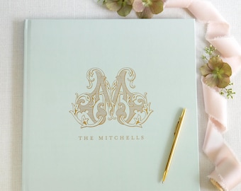 Guest Book Wedding Foil Guestbook Personalized Monogram Script Polaroid Guestbook Alternative Instax Dusty Blue, Sage | Design Vintage Vine