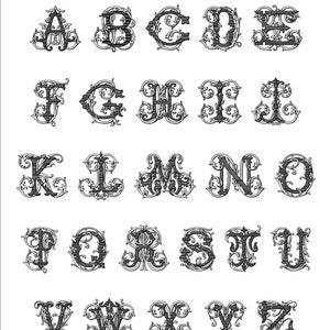 Pode incluir: Um conjunto de letras do alfabeto em preto e branco, cada uma com um design de videira vintage. O texto "Vintage Vine Font" est&aacute; no topo. As letras est&atilde;o em uma fonte serif.