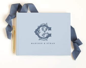 Guest Book Wedding Personalized Album Polaroid Scrapbook Dusty Blue Navy Monogram Heirloom Keepsake Book | Design Vintage Vine