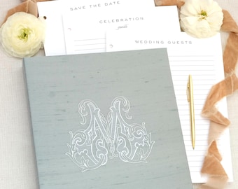 Blue Wedding Guest Book - Beloved Book - Immediate Delivery -M Monogram on Blue Silk Dupioni (Book in photo will ship ASAP)