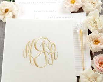 Gold Guest Book, Monogram Gift for Bride, Custom Silk Guestbook, Removable Pages, Memory Book, Bridal Shower Book, Beloved Book - Kathryn