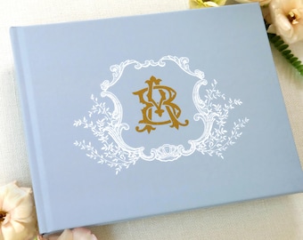 Wedding Guest Book | Guestbook Monogram | Blank Pages | Lined Pages Guestbook | Wedding Album | French Blue | Design: Wreath Shield Swag
