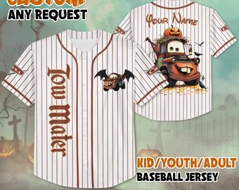 Personalized Tow Mater Halloween Baseball Jersey, Custom Cars Halloween Shirt, Disney Halloween Costume Top, Gift for Kids & Pixar Fans