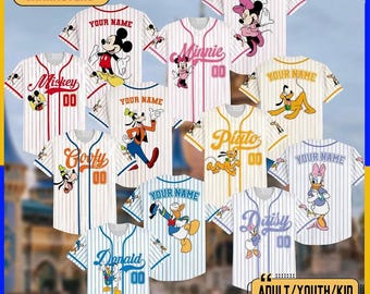 Personalize Disney Mickey & Friends Cute Striped White, Custom Disneyland Jersey, Baseball Team, Mickey Mouse Birthday, Gift for Disney Fans