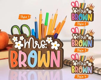 Personalized Teacher Desk Pencil Holder, Classroom Decor, Desk Organizer, Custom Name Teacher Sign, Back To School Gift, 1st Day of School