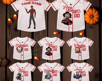 Personalized Horror Baseball Jersey, Custom Halloween Shirt, 90s Horror Movie Jersey, Horror Character Friends Tee, Spooky Gift