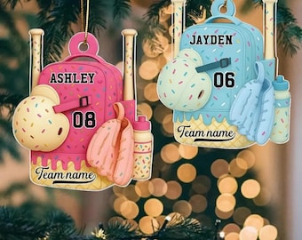 Personalized Baseball Bag Christmas Acrylic Ornament, Custom Name Baseball Team Gift, Ice Cream Drip Baseball Ornament, Drip Sprinkles Bag