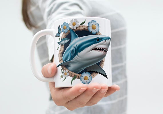 3D Shark Mug Wrap, Sublimation Design (Digital Download)