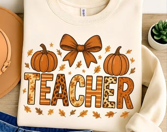 Teacher Fall Coquette Bow PNG: Autumn T-Shirt Design (Digital Download)
