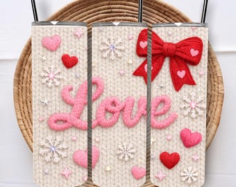 Love Faux Knitted Yarn Tumbler Valentine Day Tumbler Wrap 20 Oz Tumbler Wrap Red Coquette Bow Pink Love Sublimation Designs Digital Download