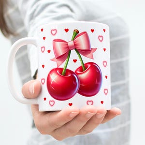 Cherry Mug Wrap 11Oz & 15Oz Mug Wrap Pink Bow Cherry Wrap Sublimation Designs Digital Download Cherry Coquette  3D Mug Wrap Heart Mug Wrap