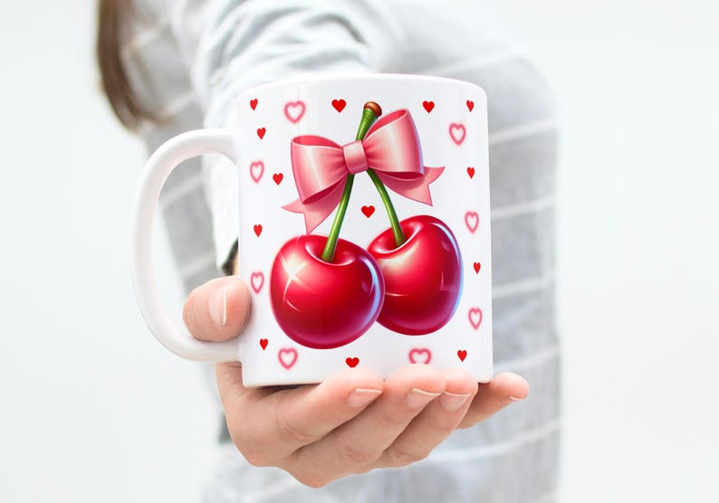 Cherry Mug Wrap 11Oz & 15Oz Mug Wrap Pink Bow Cherry Wrap Sublimation Designs Digital Download Cherry Coquette  3D Mug Wrap Heart Mug Wrap