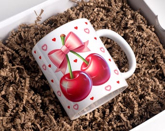 Kirsche Tasse Wrap: Pink Schleife Kokette Sublimationsdesign (Digitaler Download, 11 Unze und 15 Unze PNGs)